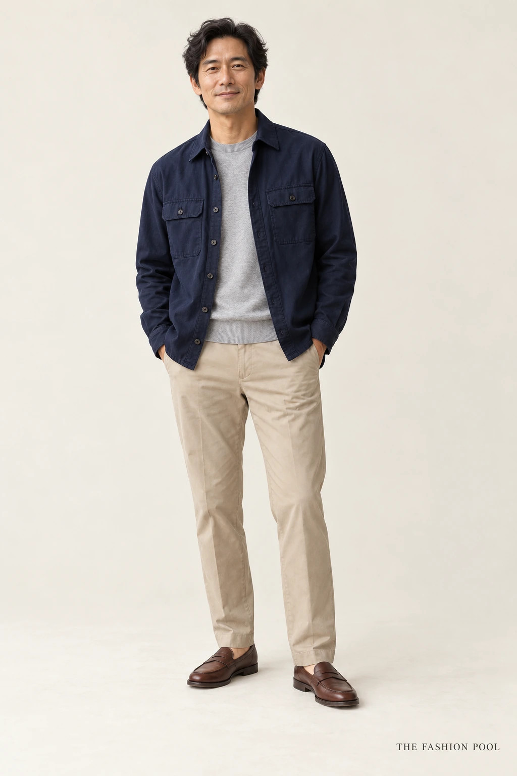 Man wearing an open navy overshirt over a light-gray crew-neck knit, stone chinos and brown leather loafers.