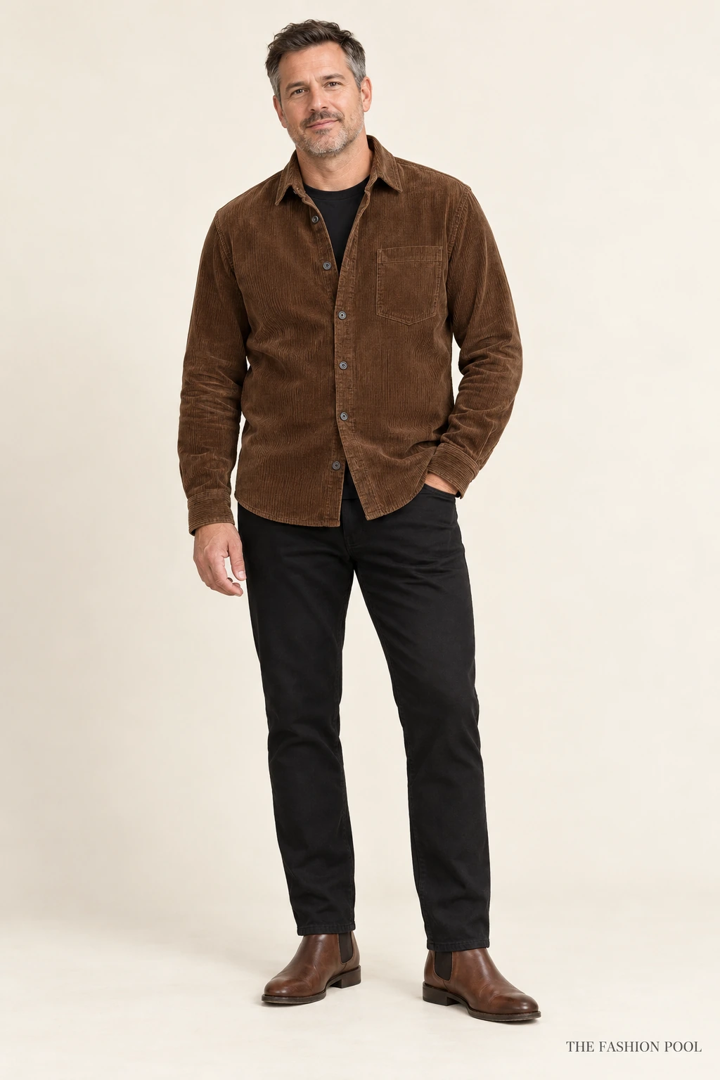 Man wearing a tobacco corduroy overshirt buttoned below the open neckline, a black tee, black pants and brown Chelsea boots.