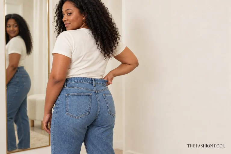 Woman in a cream T-shirt and medium-blue jeans checking space at the back waistband in front of a mirror.