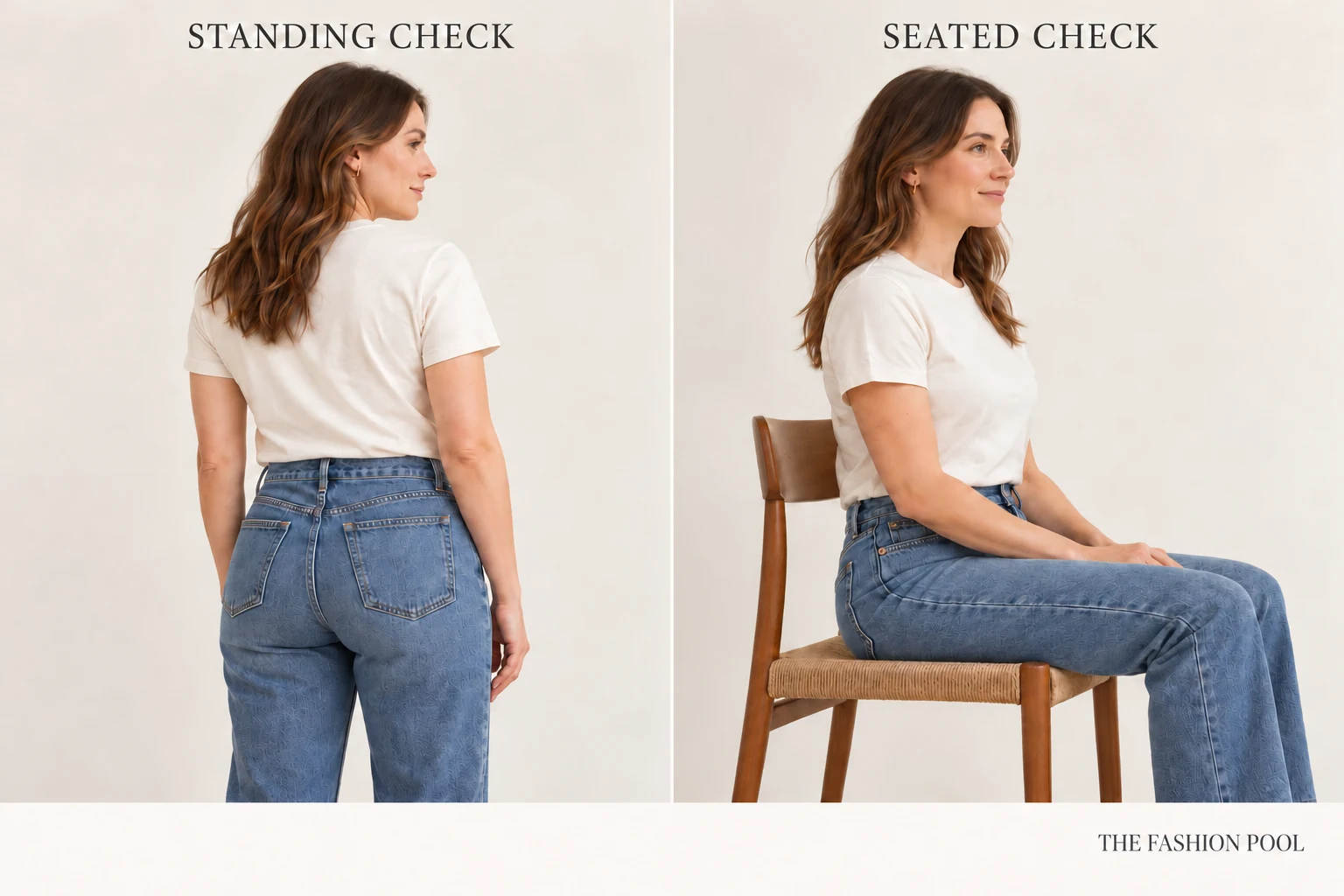 Two views of a woman in a cream T-shirt and blue jeans, standing with the back waistband visible and sitting in a chair.