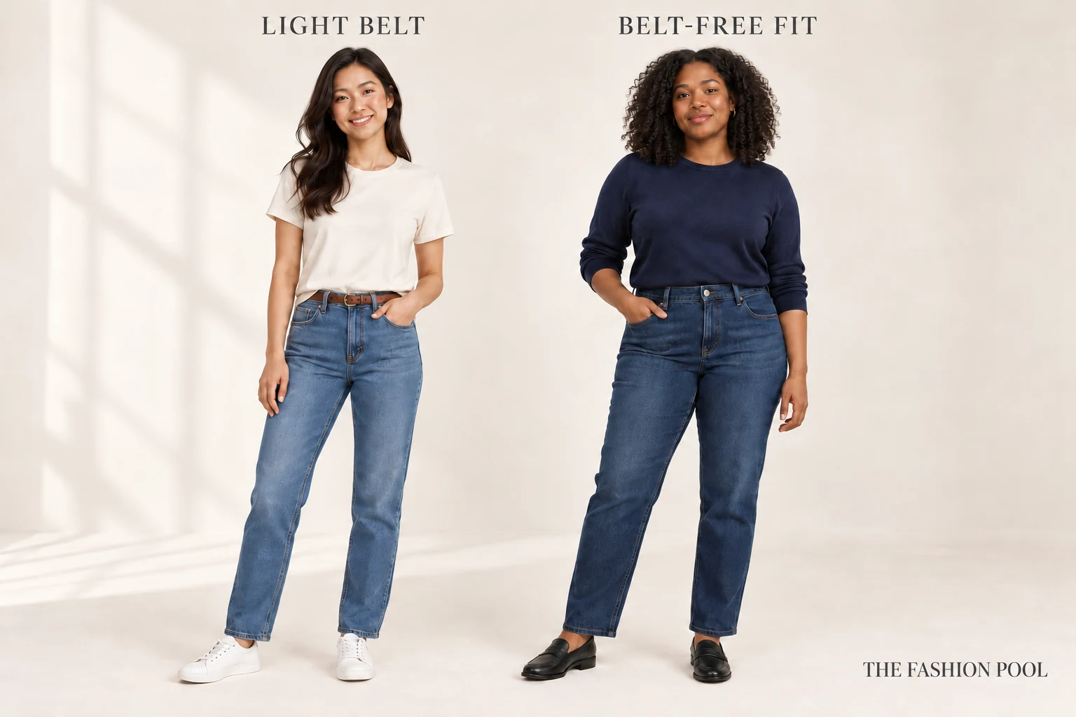 Cream T-shirt with brown belt, blue straight jeans and white sneakers beside navy knit, darker jeans without a belt and black loafers.