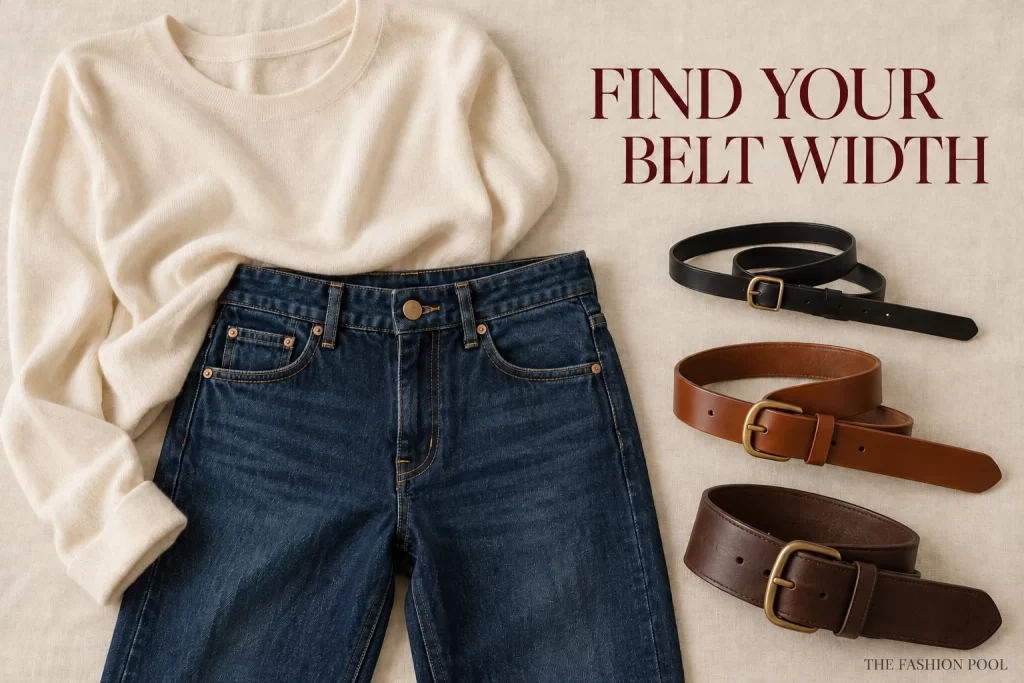Cream knit top and indigo jeans beside slim black, medium cognac and wider dark brown belts on ivory fabric.