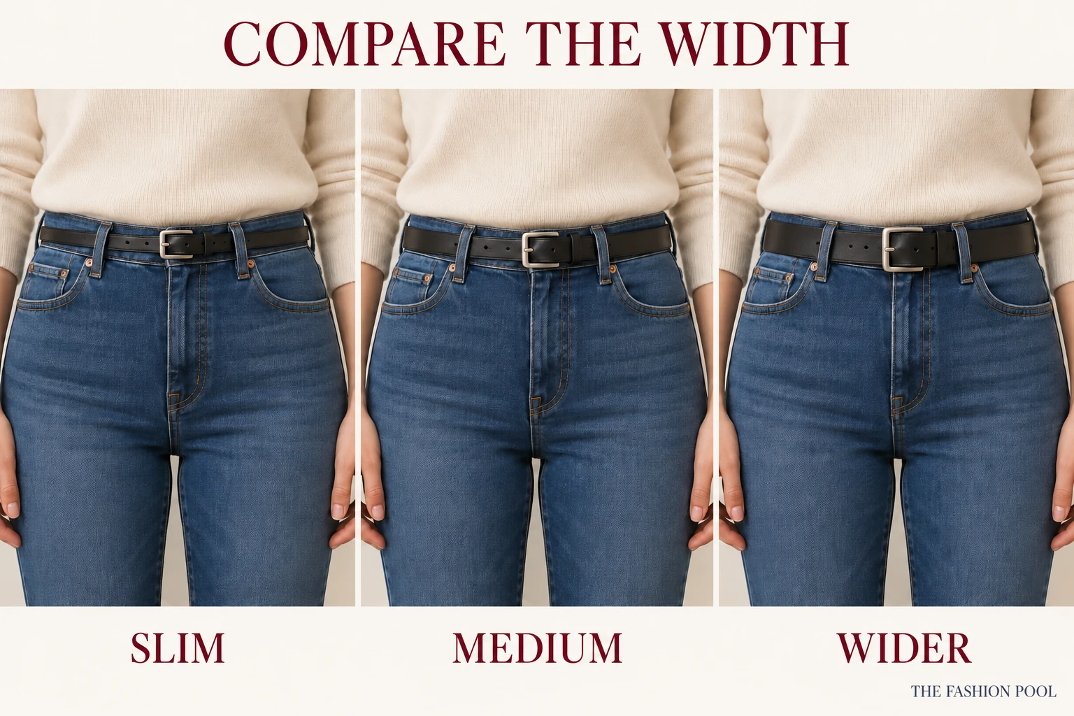 Three waist-level views compare slim, medium and wider black belts threaded through indigo jeans with a tucked cream knit.