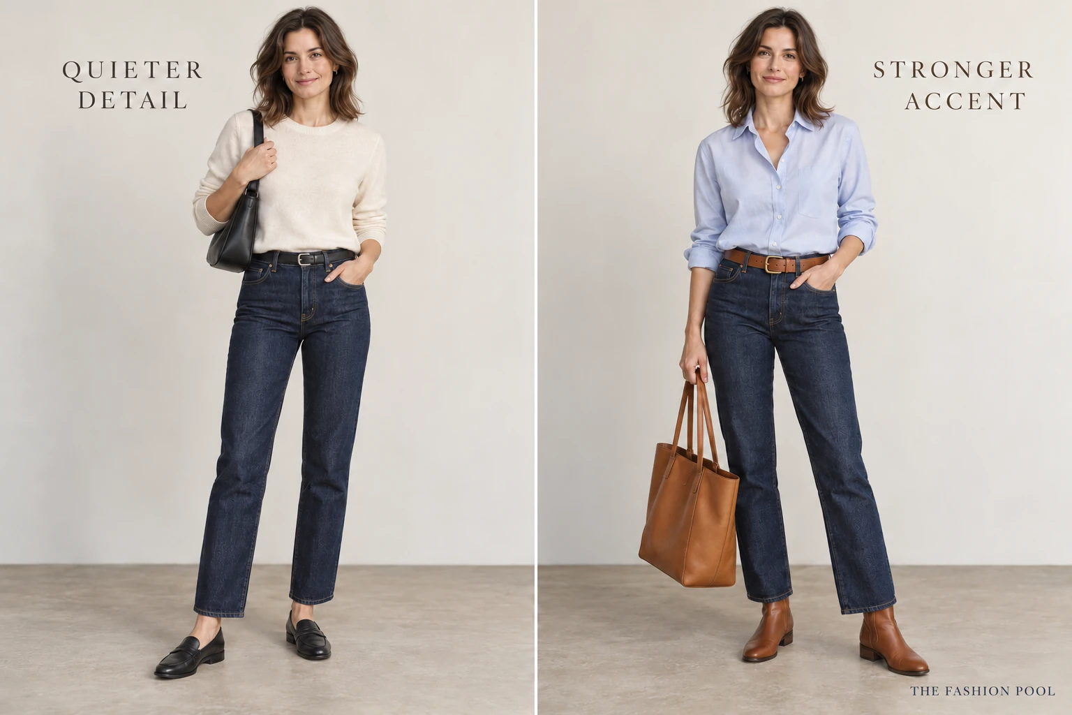 Two full-length outfits pair indigo jeans with a cream knit, black belt and loafers, or a blue shirt, cognac belt and ankle boots.