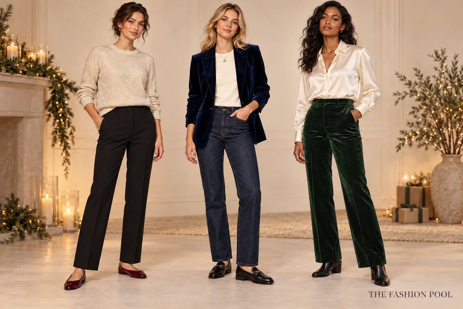 Three women in a cream shimmer knit with black trousers, a navy velvet blazer with jeans, and an ivory blouse with green velvet pants.