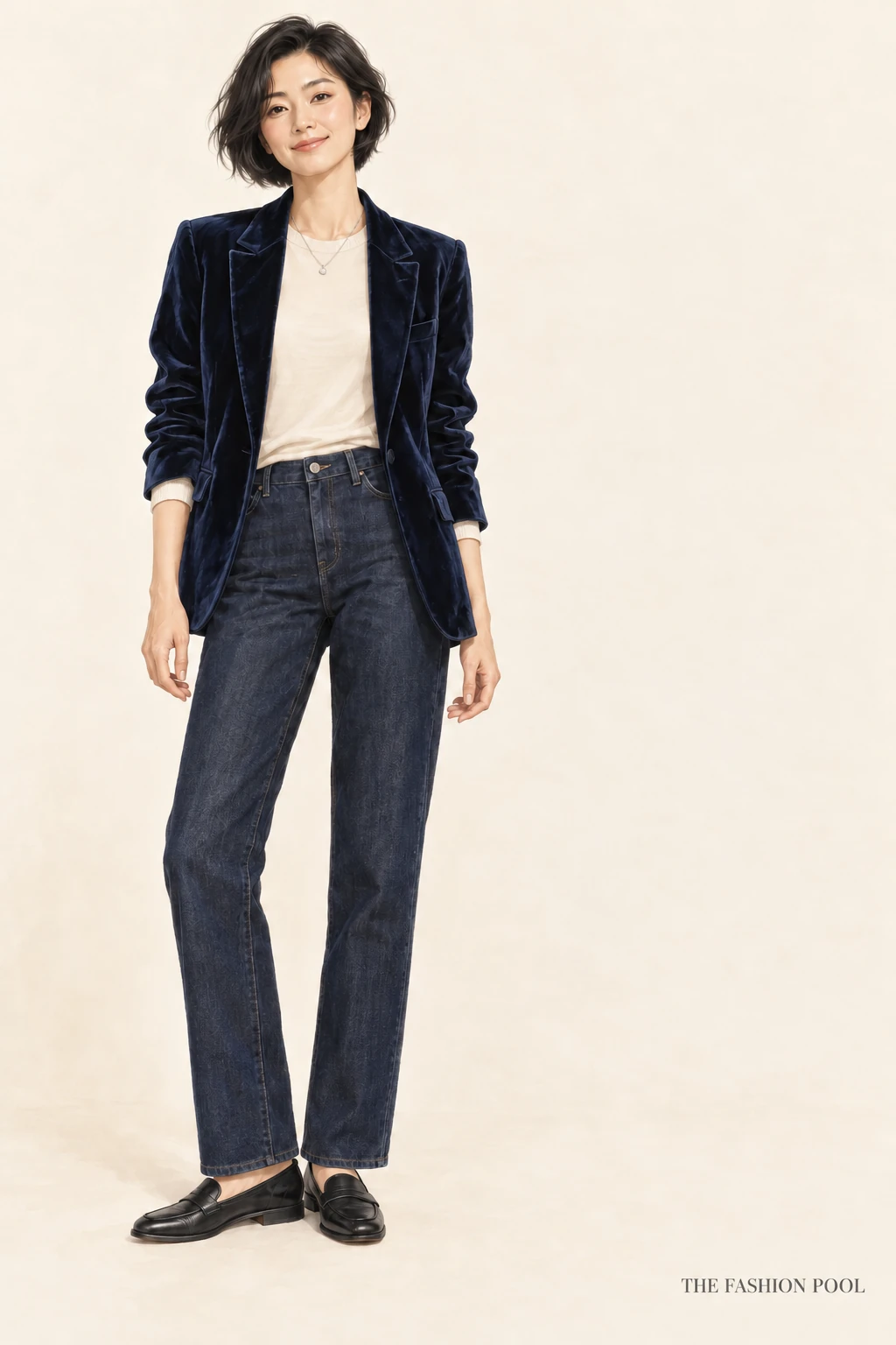 Woman wearing an open navy velvet blazer, cream crewneck top, dark straight-leg jeans and black loafers.