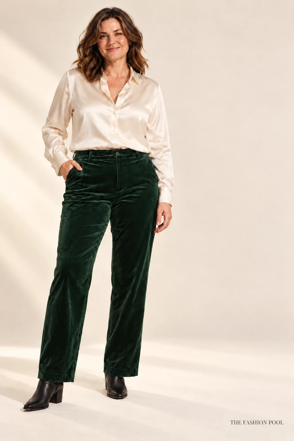 Woman wearing an ivory satin button-up blouse, green straight-leg velvet trousers and black ankle boots.