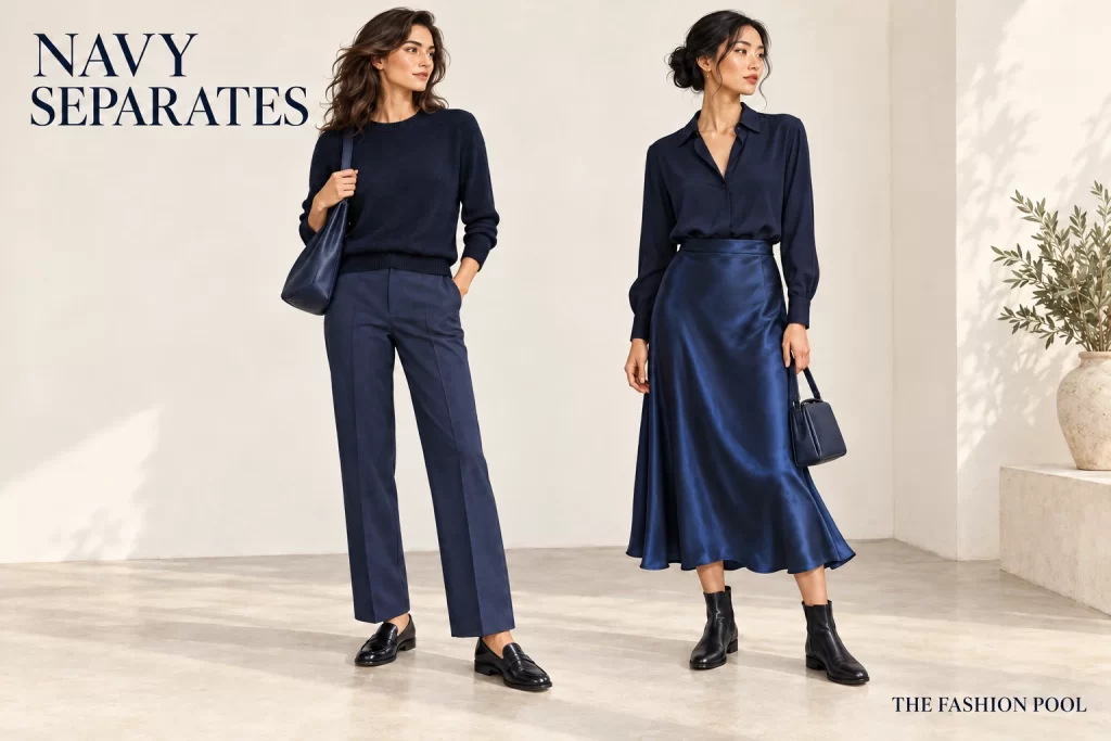Two women wear navy separates: a knit with straight trousers and loafers, or a blouse with a glossy midi skirt and ankle boots.