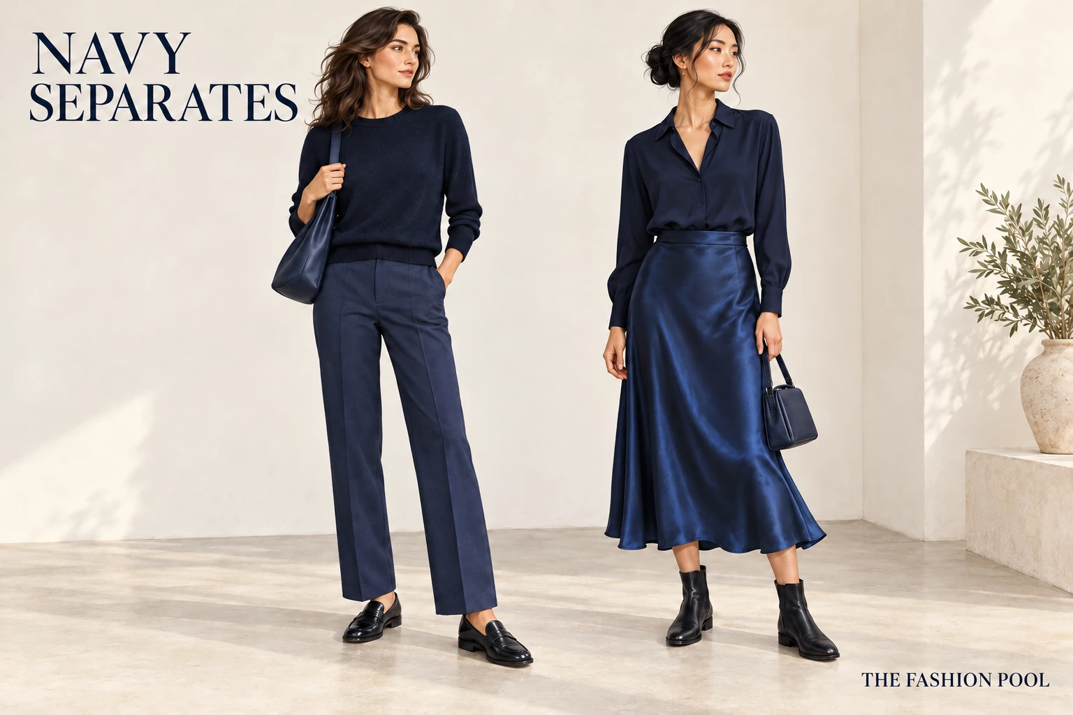 Two women wear navy separates: a knit with straight trousers and loafers, or a blouse with a glossy midi skirt and ankle boots.