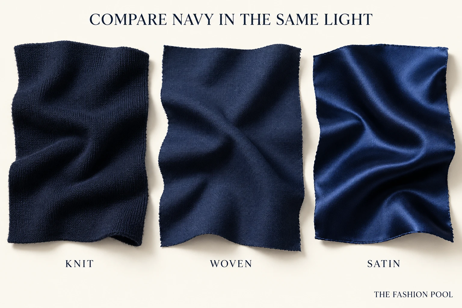 Navy knit, smooth woven cloth and glossy satin swatches shown side by side.