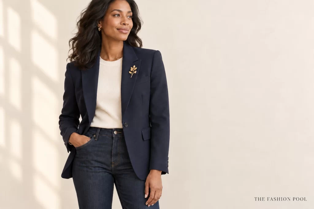 Woman in a navy blazer, cream knit and dark jeans with a small gold-tone leaf brooch on the upper lapel.