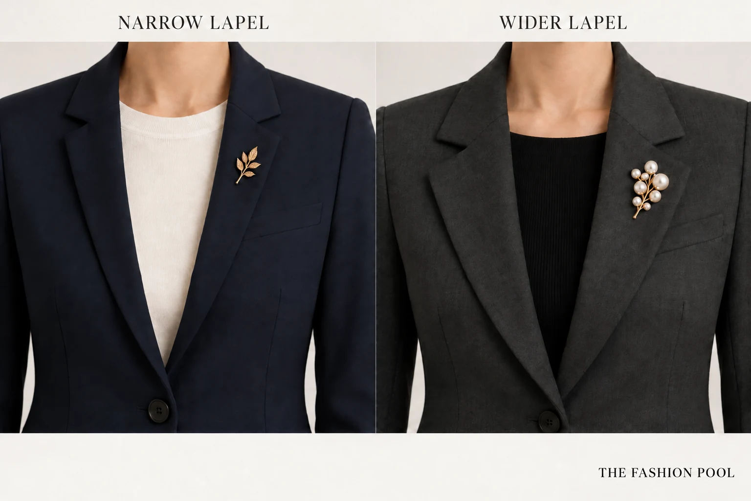 Navy narrow lapel with a small gold-tone leaf brooch beside a charcoal wider lapel with a pearl-like cluster.