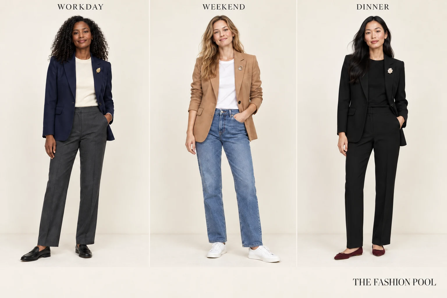 Three women wearing navy workday tailoring with gold leaf, camel blazer and denim with silver pin, and black dinner separates with pearl-like brooch.