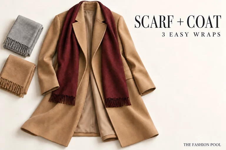 Illustrated camel coat with a burgundy scarf draped inside its lapels, beside folded gray and camel scarves.