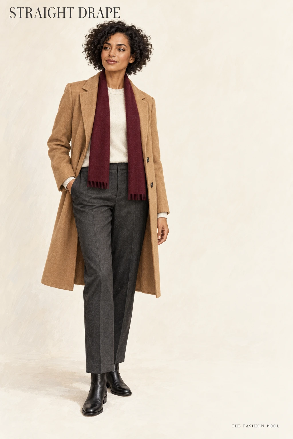 Woman illustrated in a camel coat, ivory sweater, charcoal trousers and black ankle boots, with a burgundy scarf hanging untied inside the lapels.