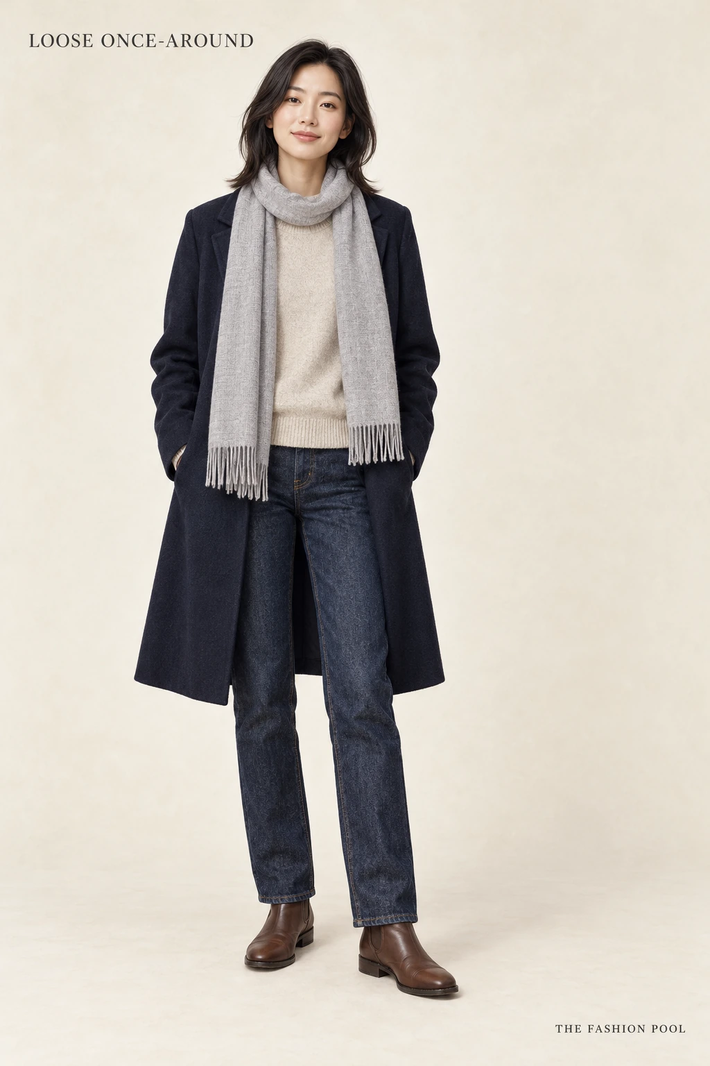 Woman illustrated in a navy coat, oatmeal sweater, dark jeans and brown ankle boots, with a gray scarf looped once and both ends outside.
