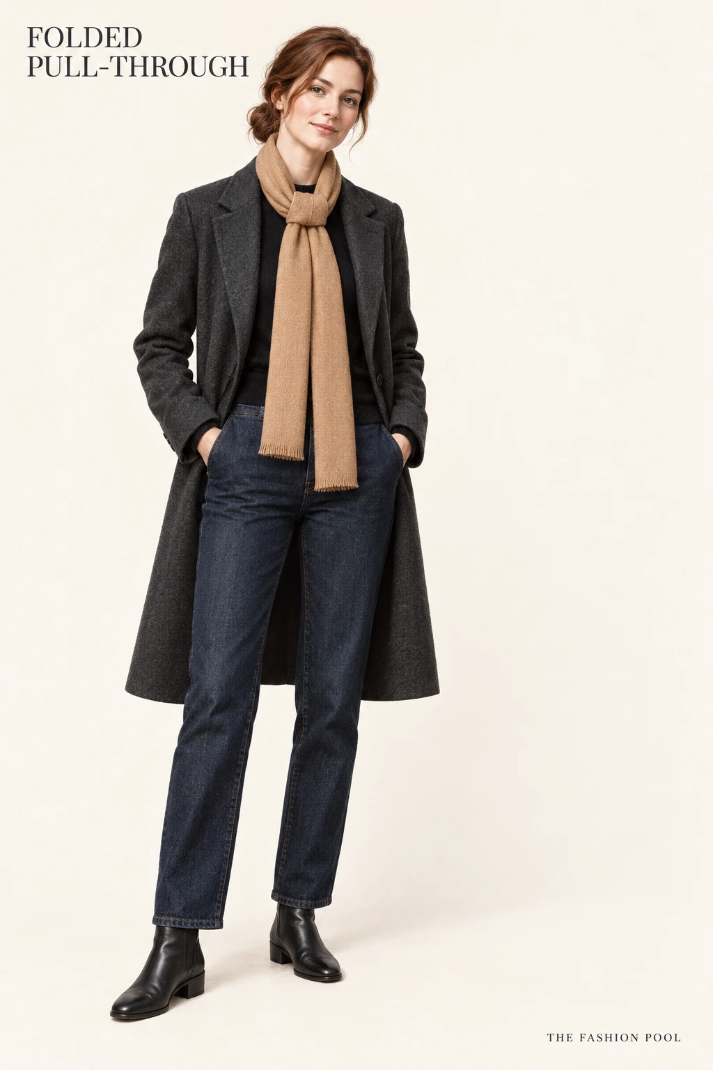 Woman illustrated in a charcoal coat, black sweater and dark jeans, wearing a camel scarf with two ends passed together through its folded loop.