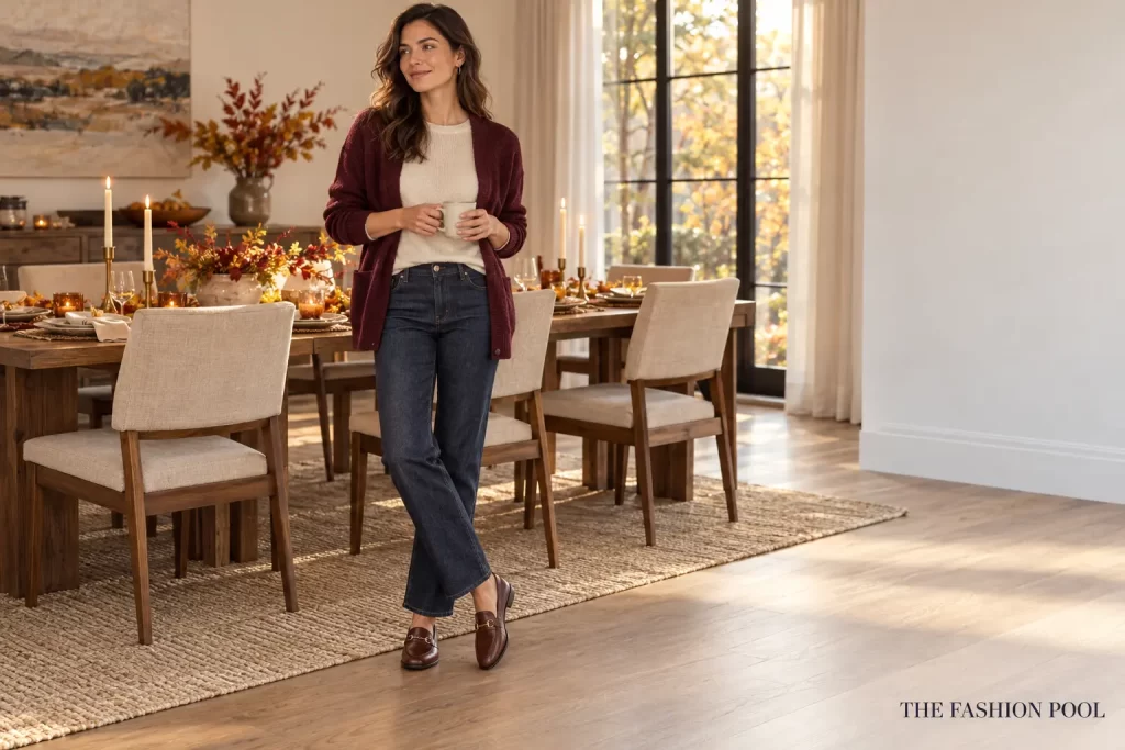 Woman wearing dark straight-leg jeans, a cream knit top, burgundy cardigan, and brown loafers at a Thanksgiving gathering
