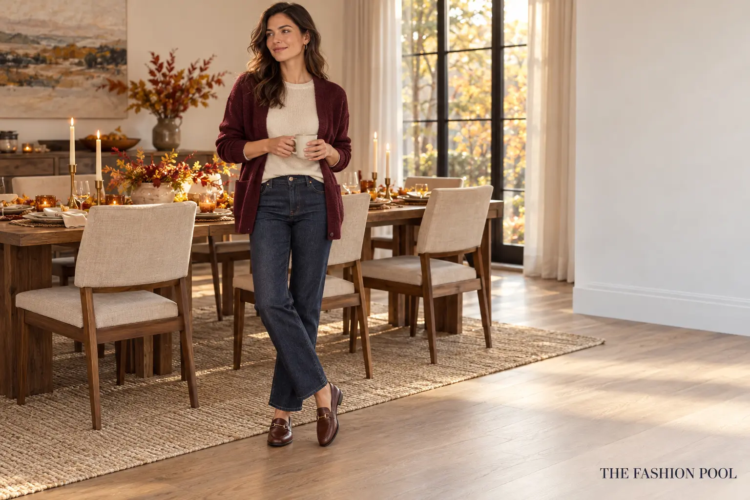 Woman wearing dark straight-leg jeans, a cream knit top, burgundy cardigan, and brown loafers at a Thanksgiving gathering