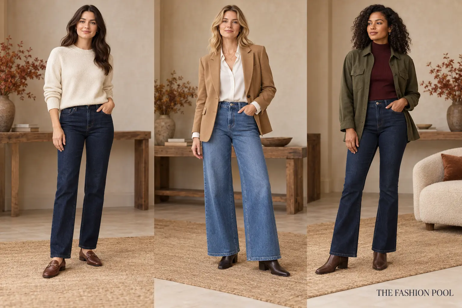 Three women wearing straight-leg, wide-leg, and bootcut jeans with Thanksgiving-ready tops and shoes