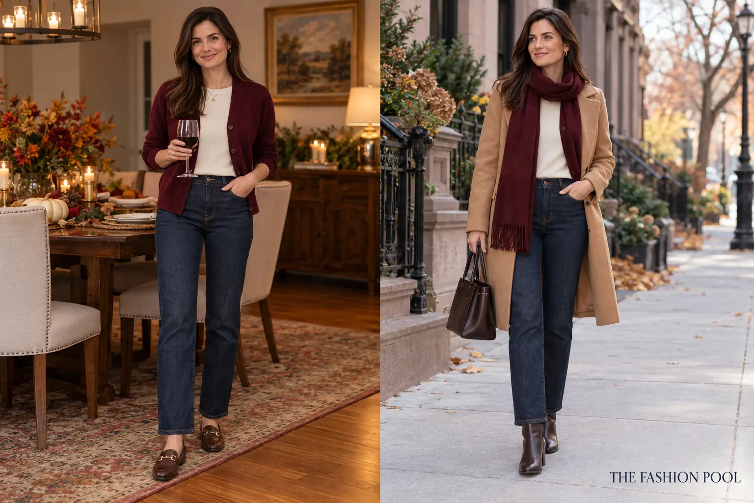 Same woman wearing dark jeans and loafers indoors, then adding a camel coat, scarf, and ankle boots outside
