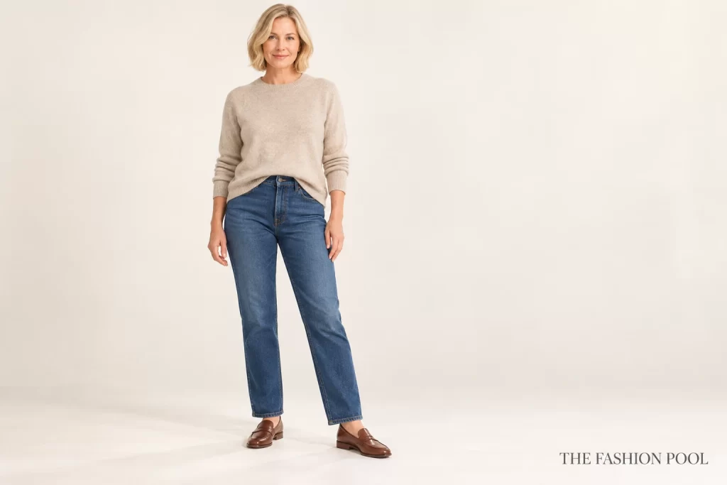 Woman in an oatmeal sweater with a small front tuck, indigo straight-leg jeans and brown loafers.