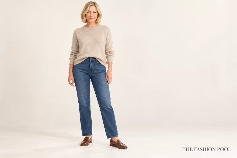 Woman in an oatmeal sweater with a small front tuck, indigo straight-leg jeans and brown loafers.