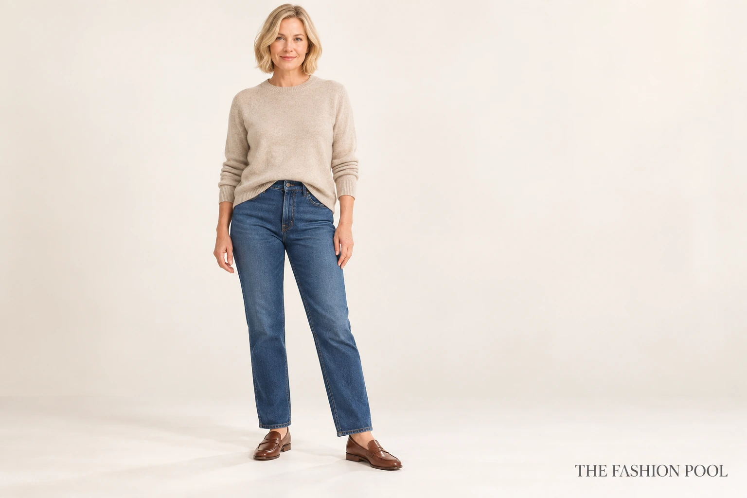 Woman in an oatmeal sweater with a small front tuck, indigo straight-leg jeans and brown loafers.