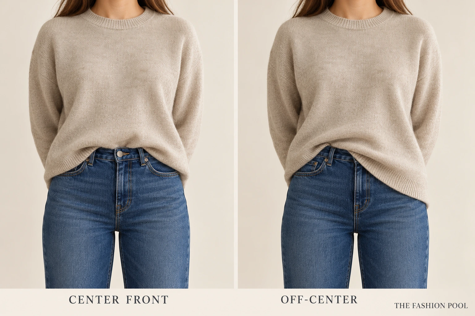Two waist-level views of an oatmeal sweater and indigo jeans, showing a centered front tuck and an off-center diagonal hem.