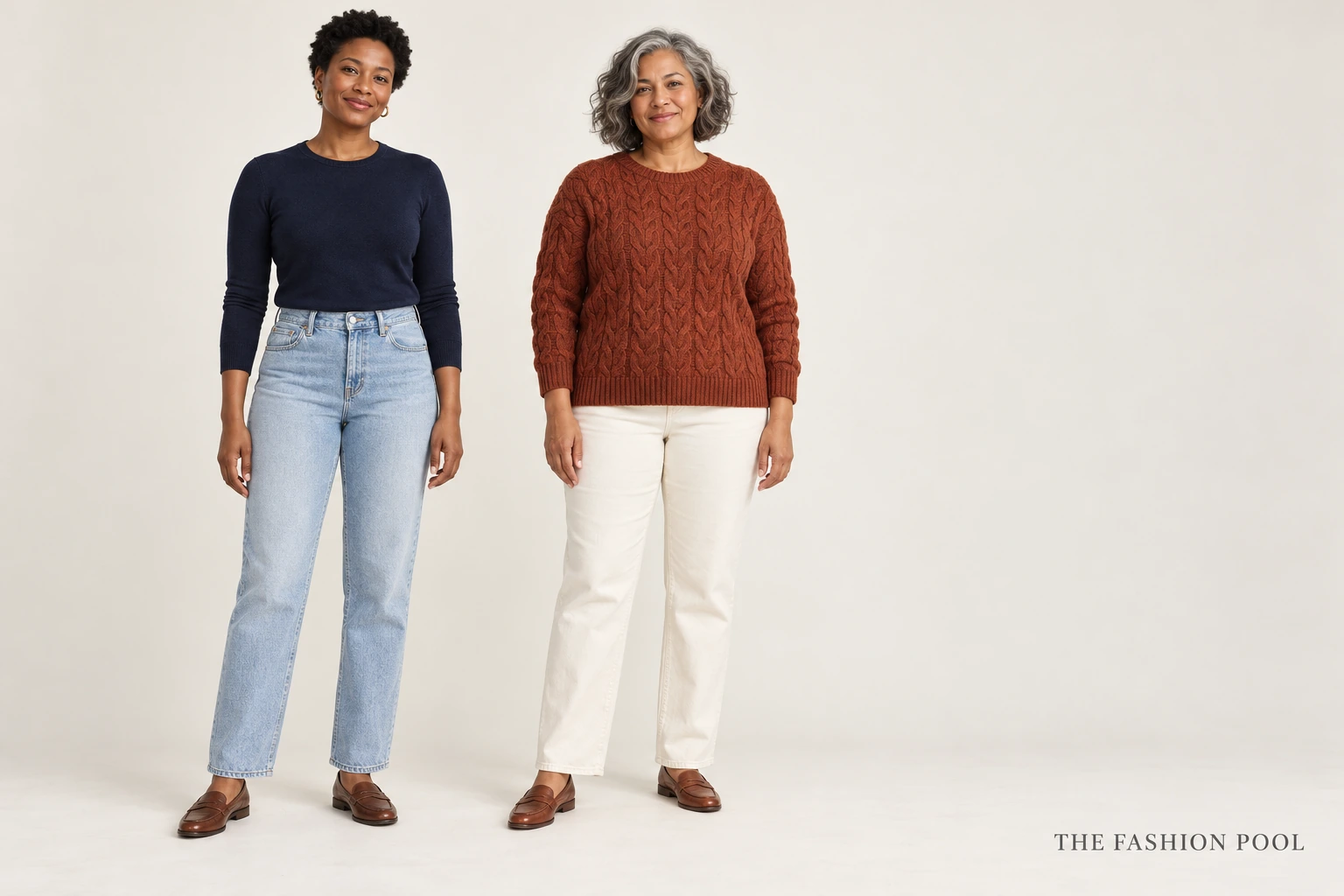 A thin navy sweater fully tucked into light-wash jeans beside a rust cable-knit worn untucked over ecru jeans; both with brown loafers.