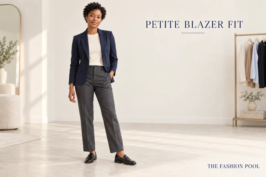Woman in a navy blazer, cream knit, charcoal trousers and black loafers in an ivory studio.