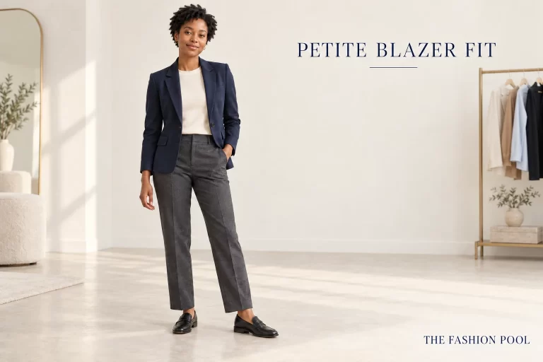 Woman in a navy blazer, cream knit, charcoal trousers and black loafers in an ivory studio.
