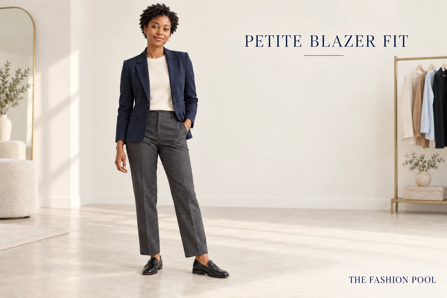Woman in a navy blazer, cream knit, charcoal trousers and black loafers in an ivory studio.