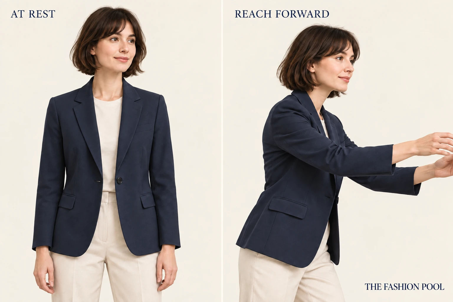 Two views of a woman in a navy blazer and cream tee, standing with arms relaxed and reaching forward.