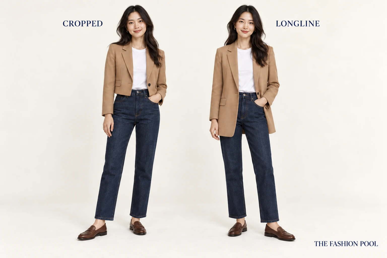 Cropped and longline camel blazers worn over white tees, dark straight jeans and brown loafers.