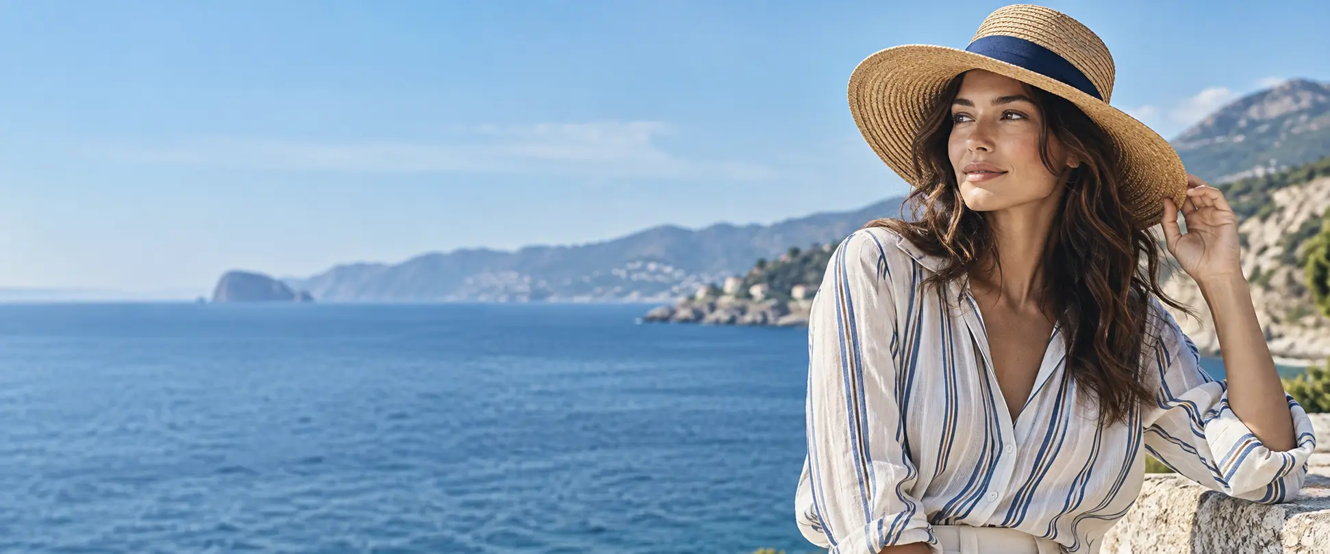 AI-created editorial illustration of a woman in a straw hat and striped blouse beside the sea.