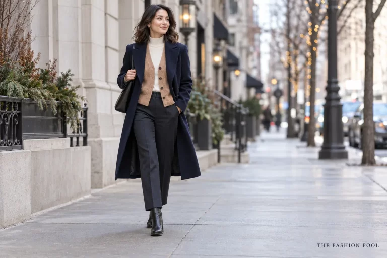 Petite woman wearing a cream base layer, camel cardigan, navy coat, charcoal trousers, and black ankle boots in a winter city setting