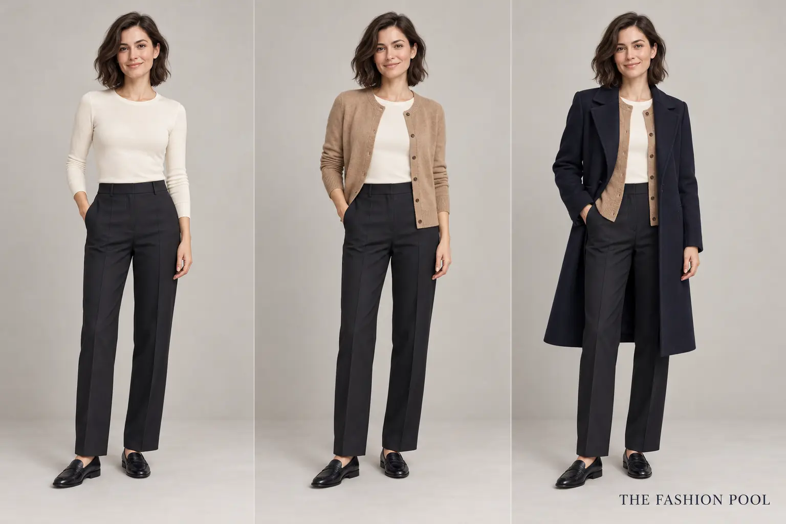 Three-panel petite winter layering illustration showing a cream base, camel cardigan, and navy coat