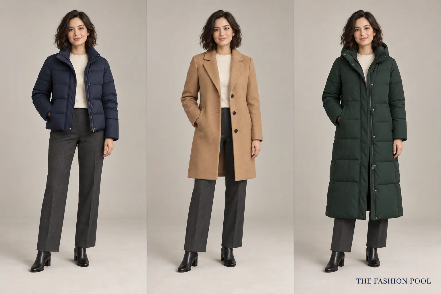 Three-panel coat length comparison with a short navy puffer, camel knee-length coat, and long green insulated coat