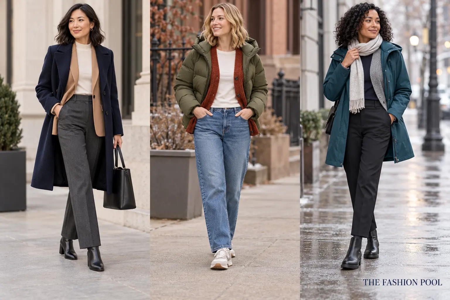 Three petite winter outfit formulas for office, weekend, and wet commute settings