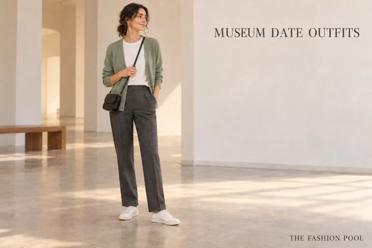 Woman illustrated in a sage cardigan, ivory tee, charcoal trousers and white sneakers with a black crossbody in a minimal gallery.