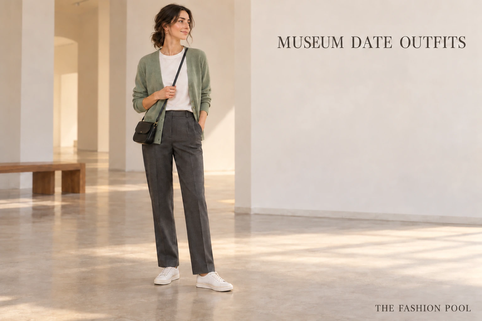 Woman illustrated in a sage cardigan, ivory tee, charcoal trousers and white sneakers with a black crossbody in a minimal gallery.