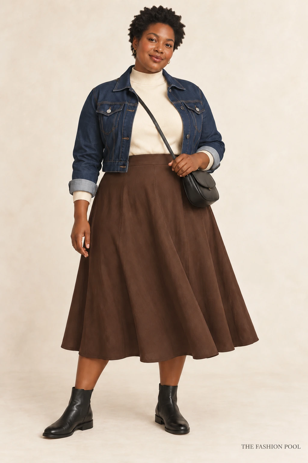 Woman illustrated in a chocolate A-line midi skirt, cream mock-neck sweater, cropped dark-denim jacket, black flat ankle boots and black crossbody.