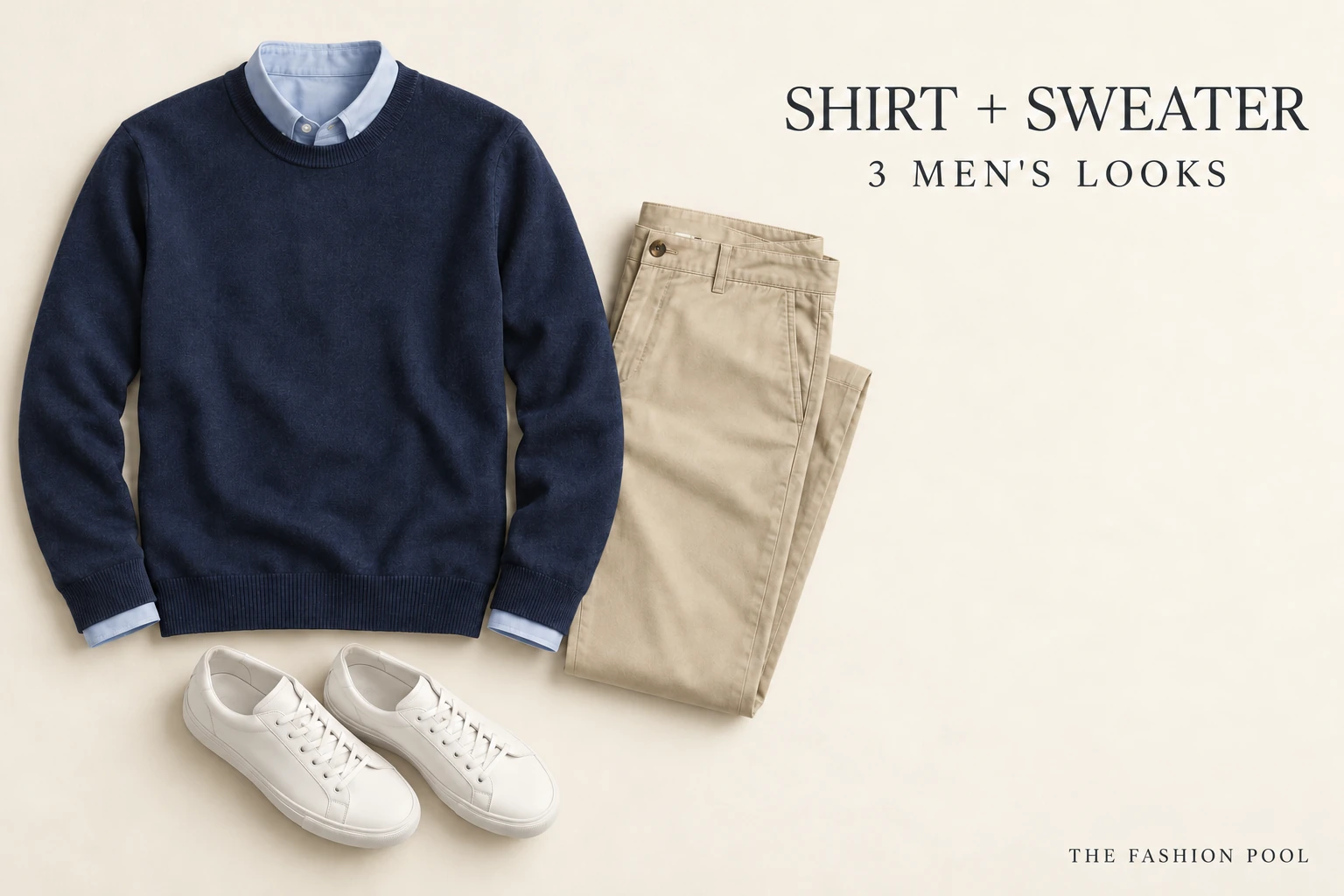 Illustrated navy crewneck over a pale-blue collared shirt, beside folded stone chinos and two white sneakers.
