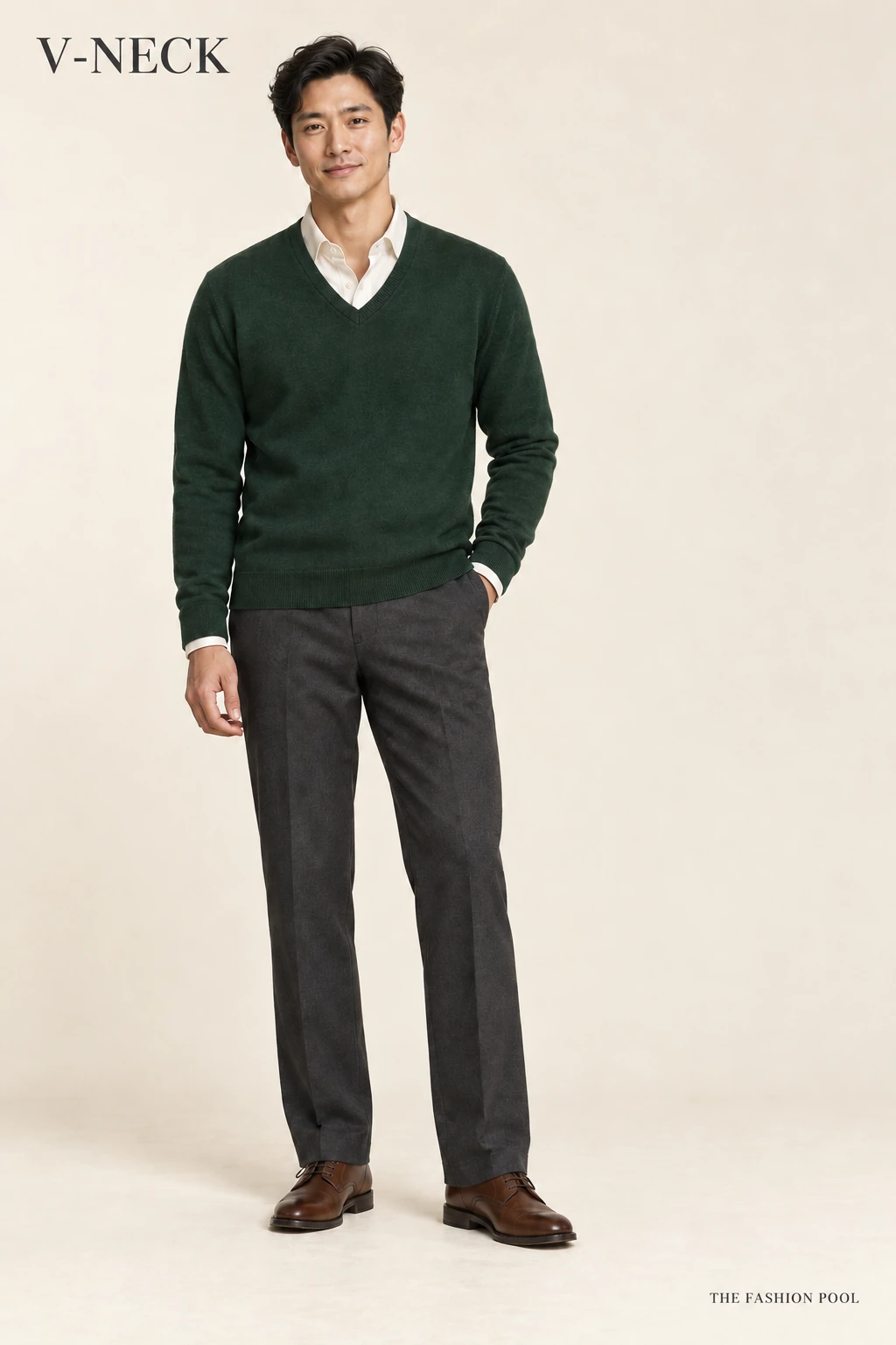 Man illustrated in a forest-green V-neck over an ivory collared shirt, charcoal trousers and brown Derby shoes.