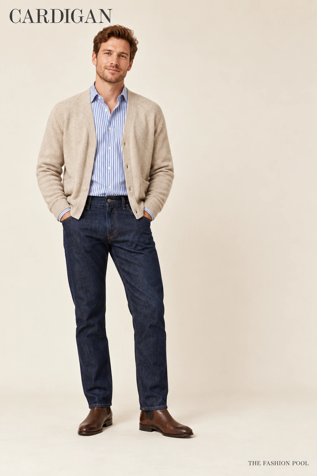 Man illustrated in an open oatmeal cardigan, tucked blue-and-white striped collared shirt, dark jeans and brown Chelsea boots.