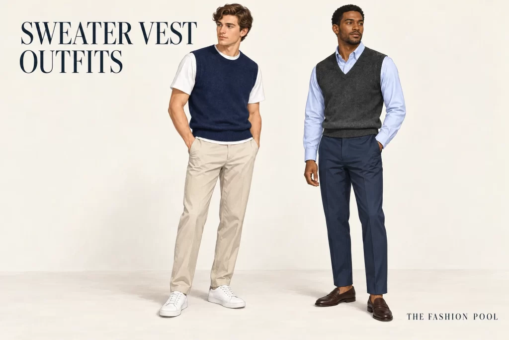 Two men wear a navy vest over a white tee or a charcoal V-neck vest over a blue Oxford shirt.
