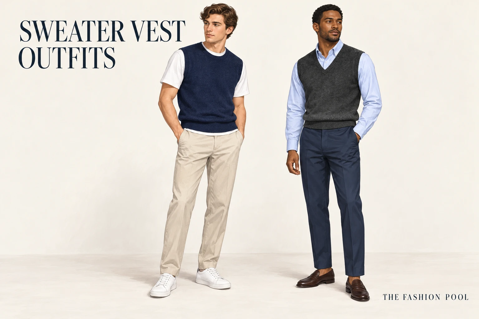Two men wear a navy vest over a white tee or a charcoal V-neck vest over a blue Oxford shirt.