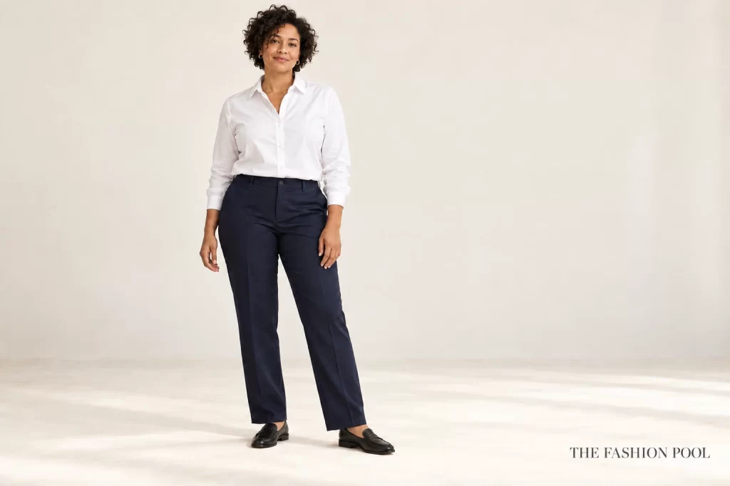 Woman wearing a comfortably buttoned white shirt with navy straight-leg trousers and black loafers.