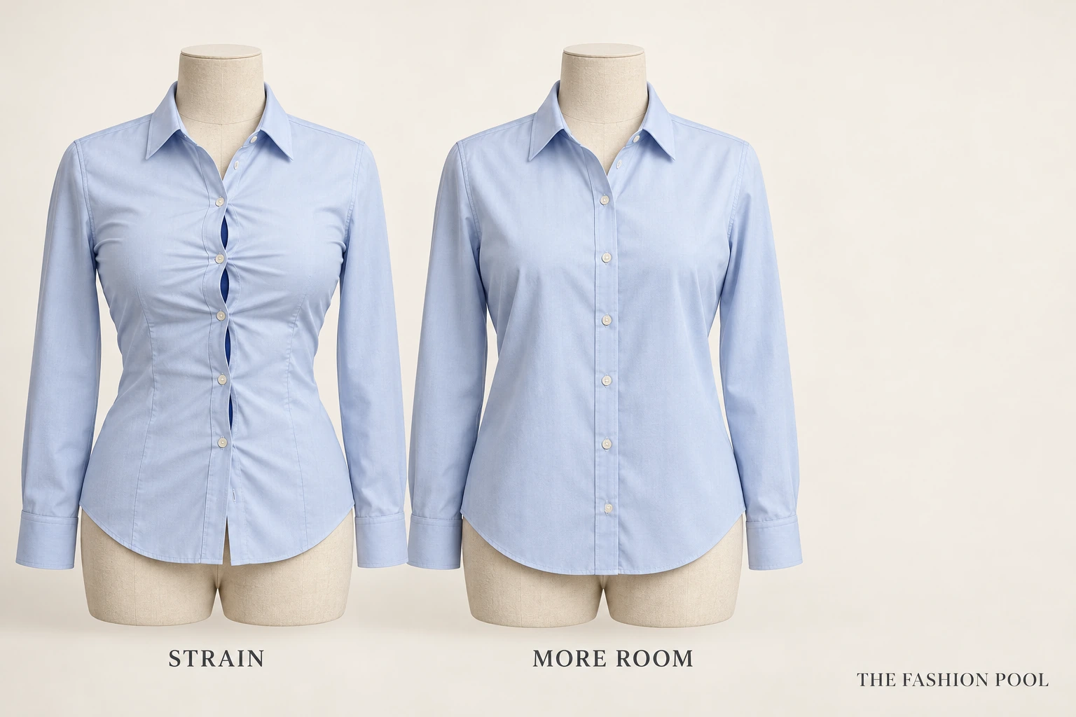 Two pale-blue shirts on equal-sized dress forms: the left has tension lines and gaps; the right has a flat placket.